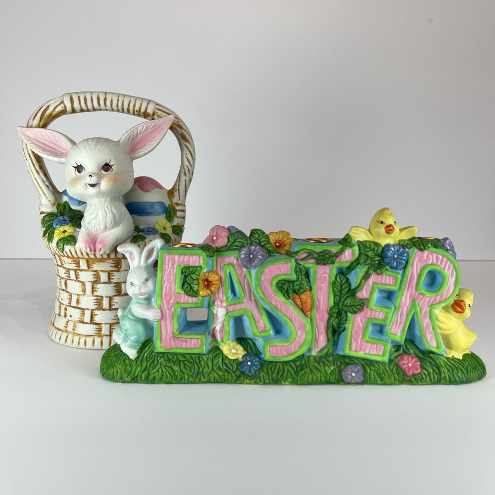 Vintage set of ceramic Easter basket music box and Easter taper candle holder